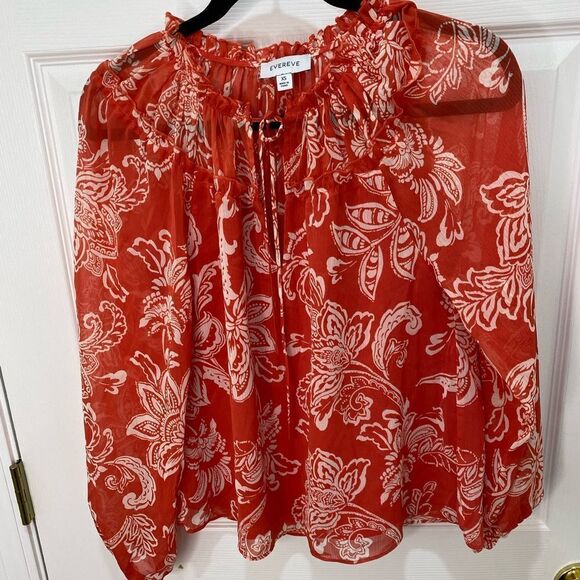 Evereve orange and white floral print long sleeve tie front top, size x small - Picture 2 of 12